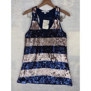 Boston Proper Beaded Sequin Glam Bling V Neck Art Tank Top M Stripe Festive Chic